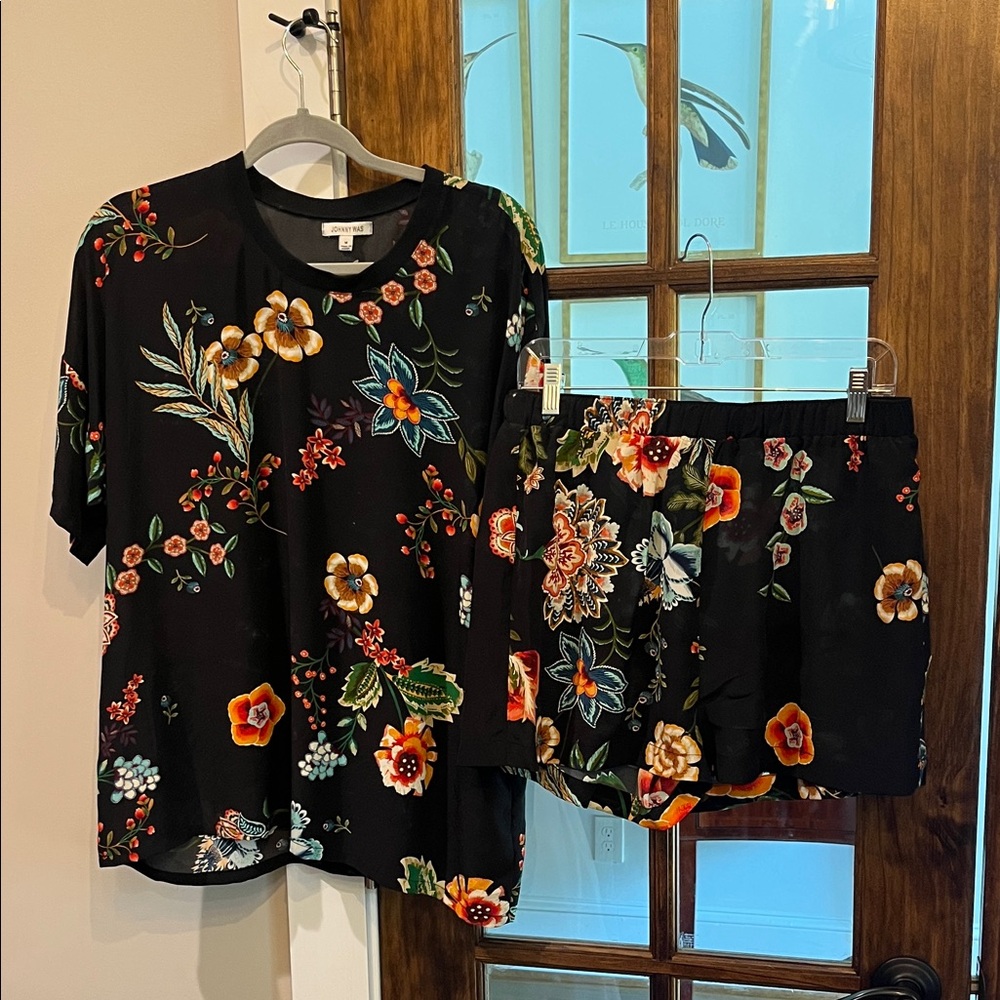 Johnny Was Black Top and Shorts with Vibrant Floral Accents